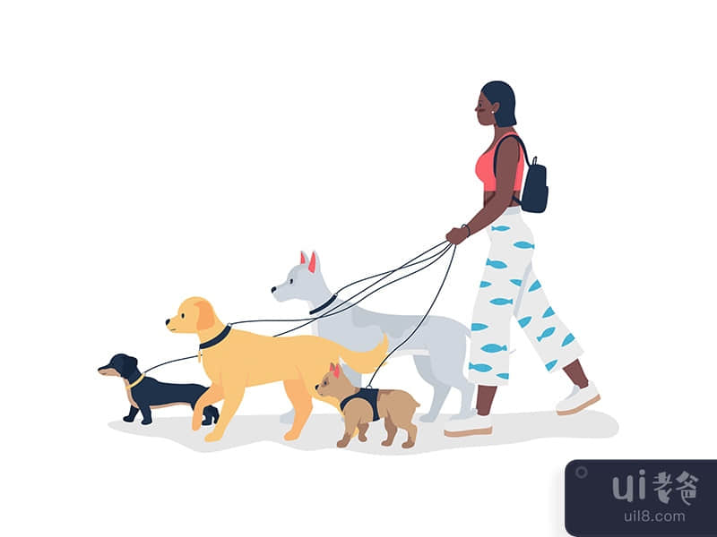 African american girl walking dogs on leashes flat color vector detailed 