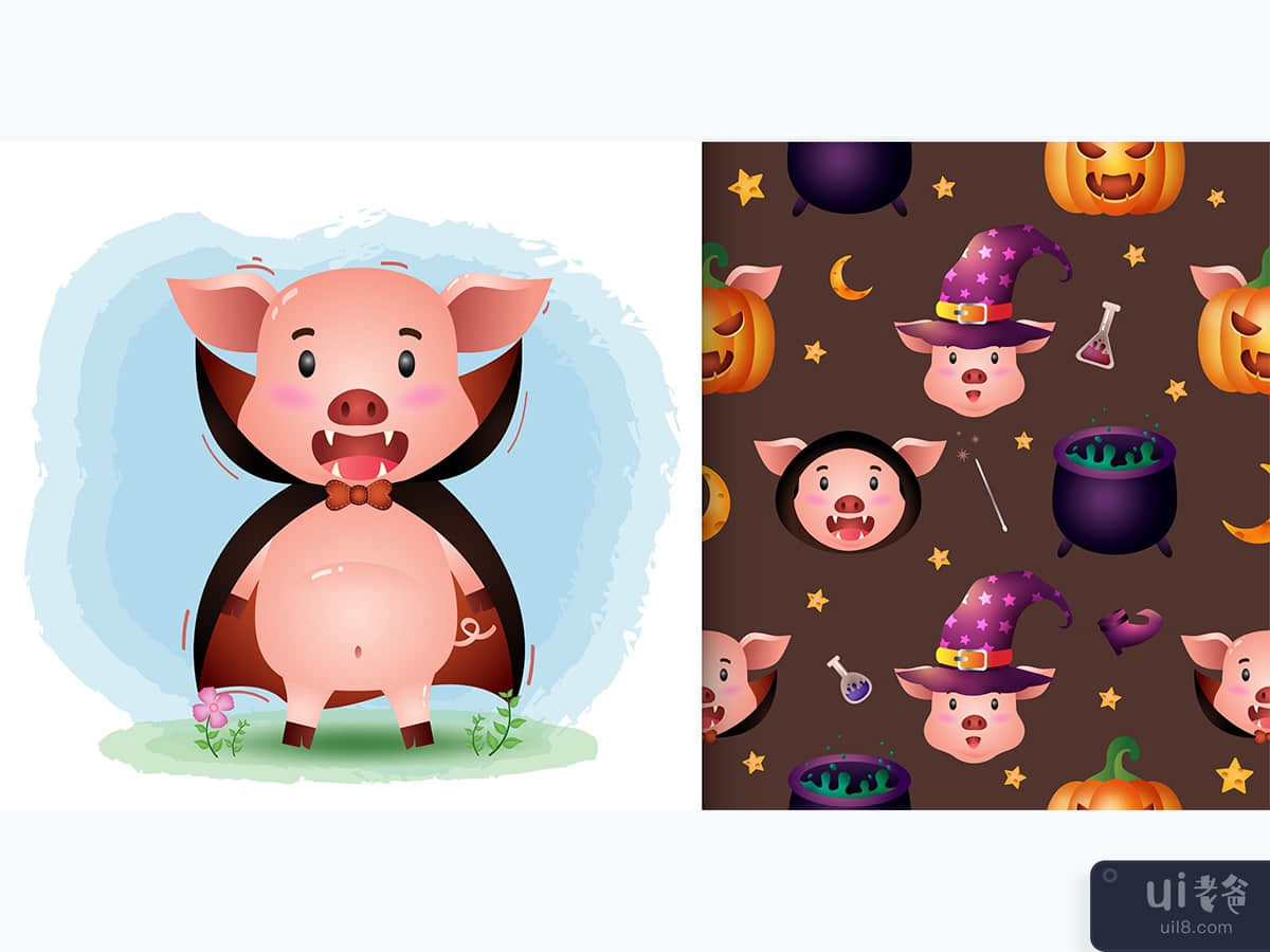 a cute pig with dracula costume halloween character seamless pattern