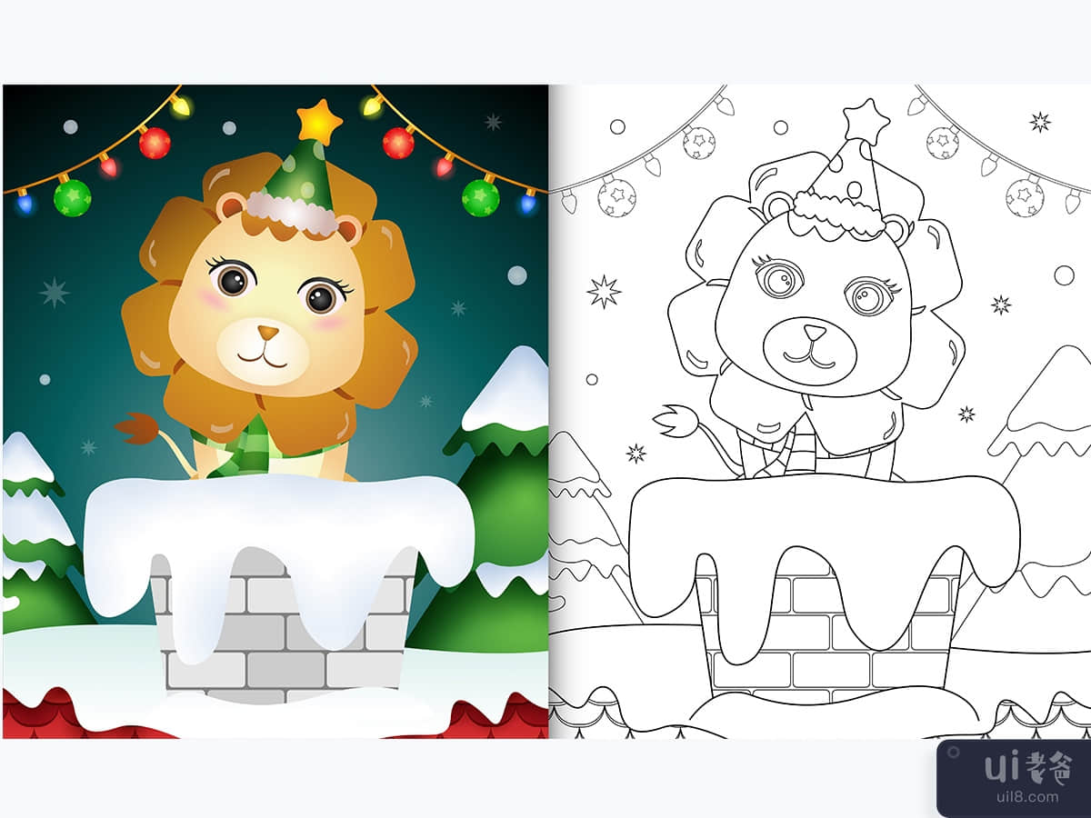 coloring book for kids with a cute lion using santa hat and scarf in chimney