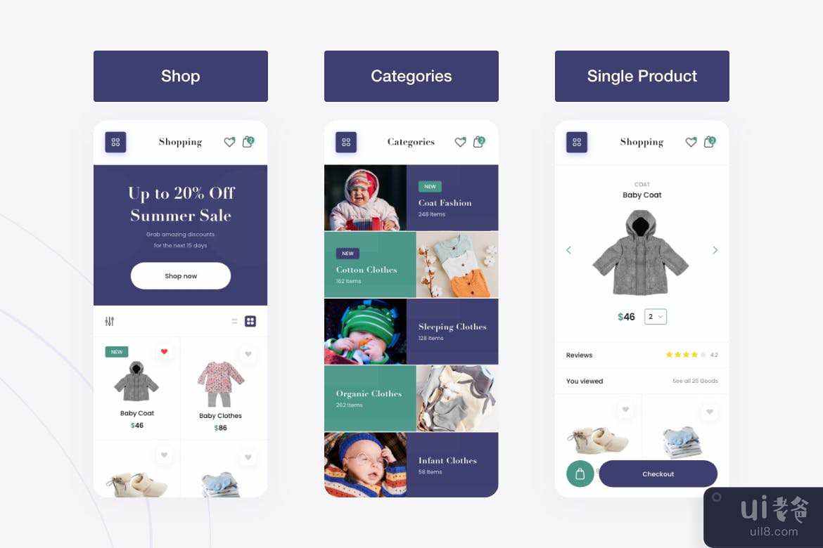Babes - 儿童时尚商店移动应用程序 UI 套件(Babes - Kids Fashion Store Mobile App UI Kit)插图2