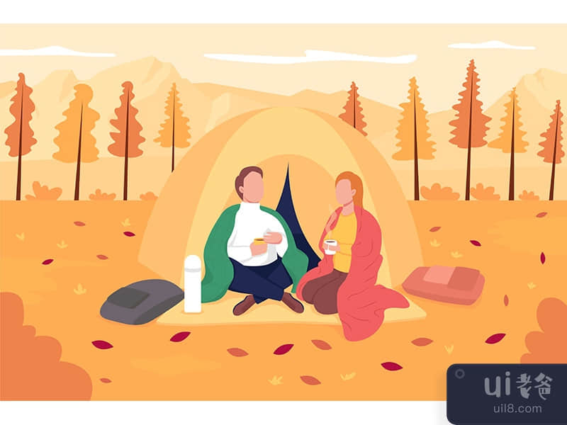 Couple camping in fall flat color vector illustration