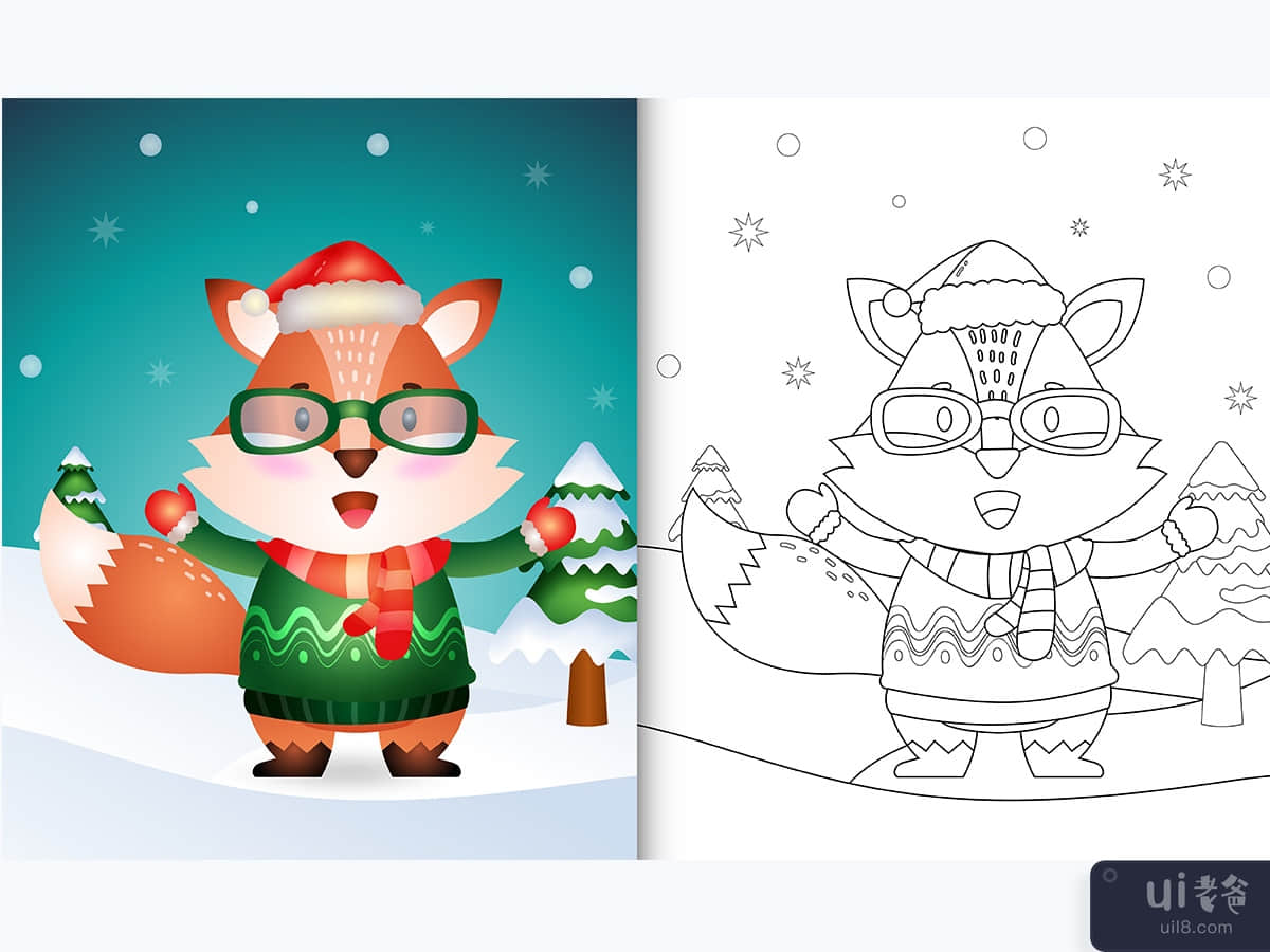 coloring book with a cute fox christmas 