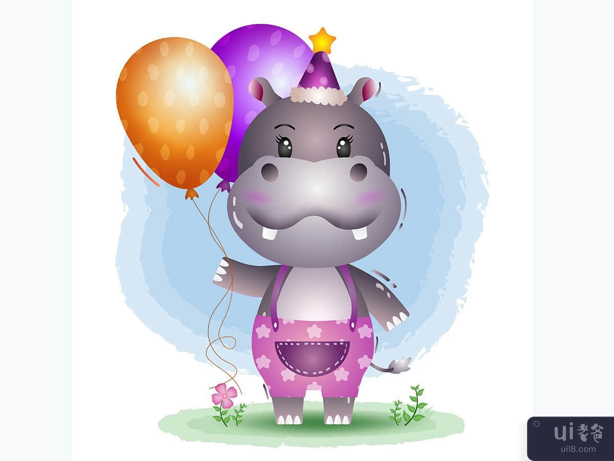 a cute hippo using birthday hat and holds balloon