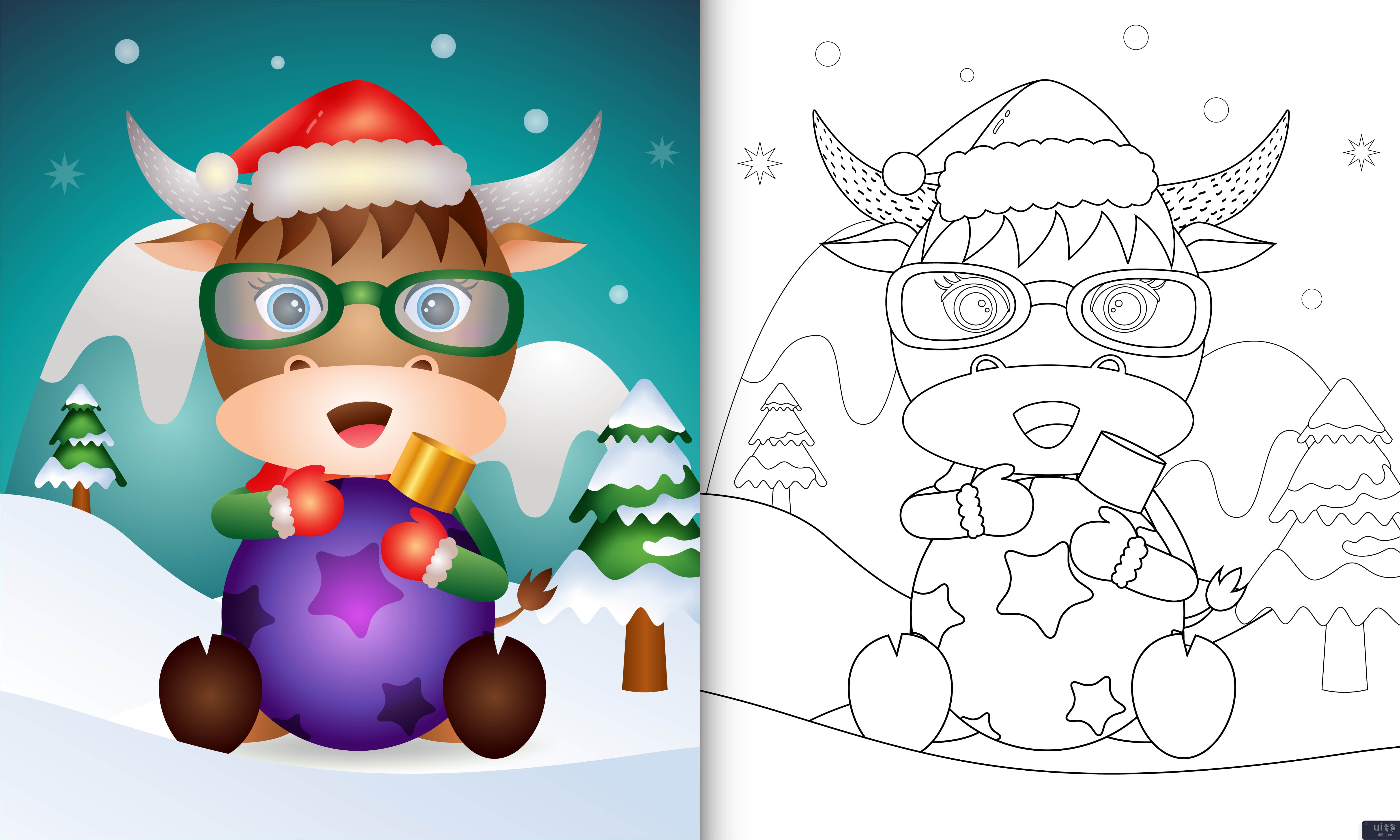 带有可爱水牛拥抱圣诞球的着色书(coloring book with a cute buffalo hug christmas ball)插图2