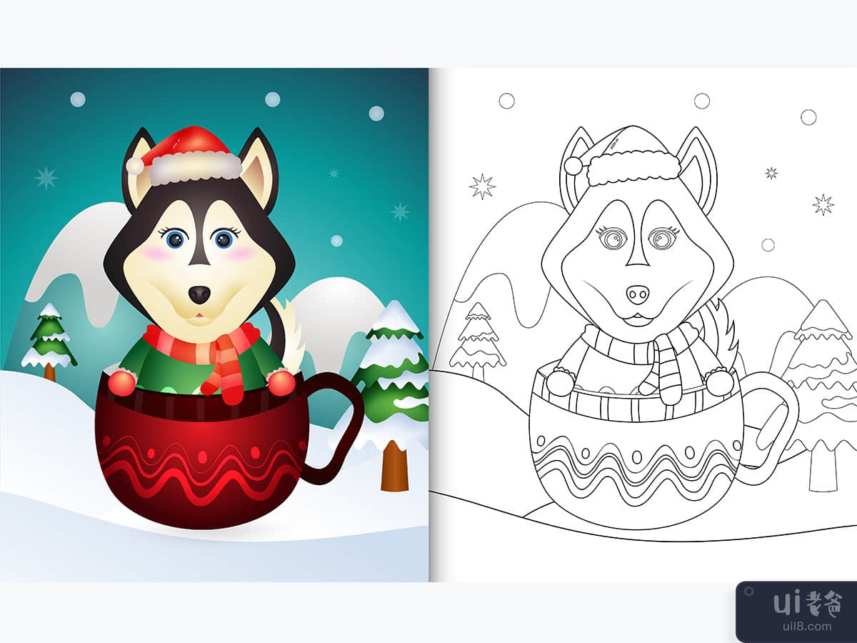 coloring book with a cute husky dog christmas characters