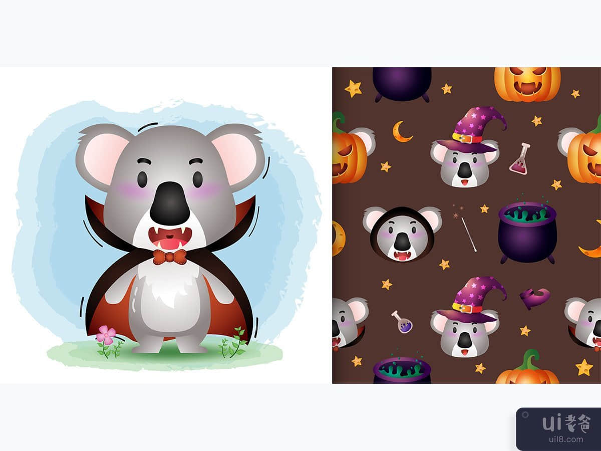 a cute koala with dracula costume halloween character seamless pattern