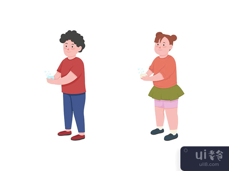 Children wash hands flat color vector faceless character set