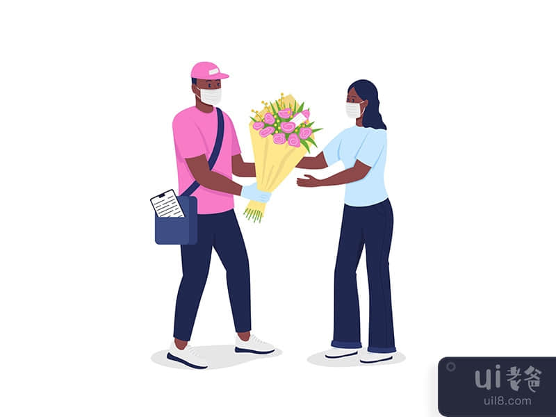 African american courier in face mask gives woman flowers flat color 