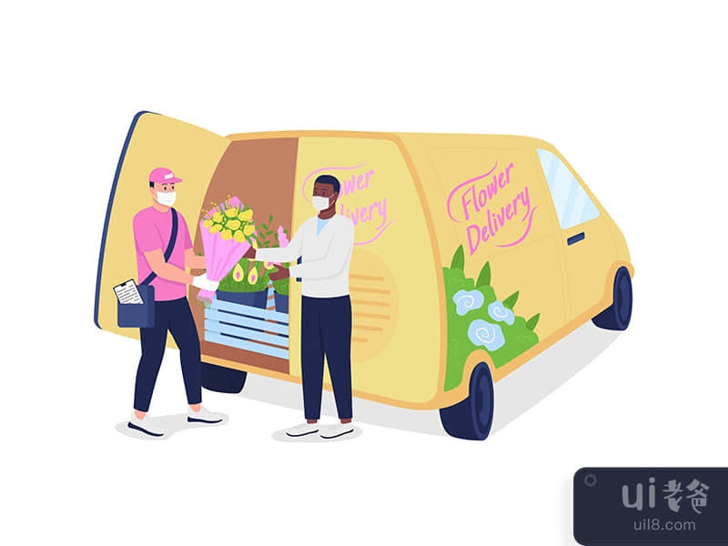 Courier gives customer flowers near delivery truck flat color vector 