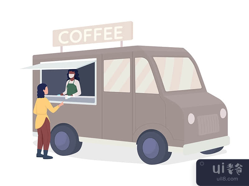 Buying coffee from van semi flat color vector character