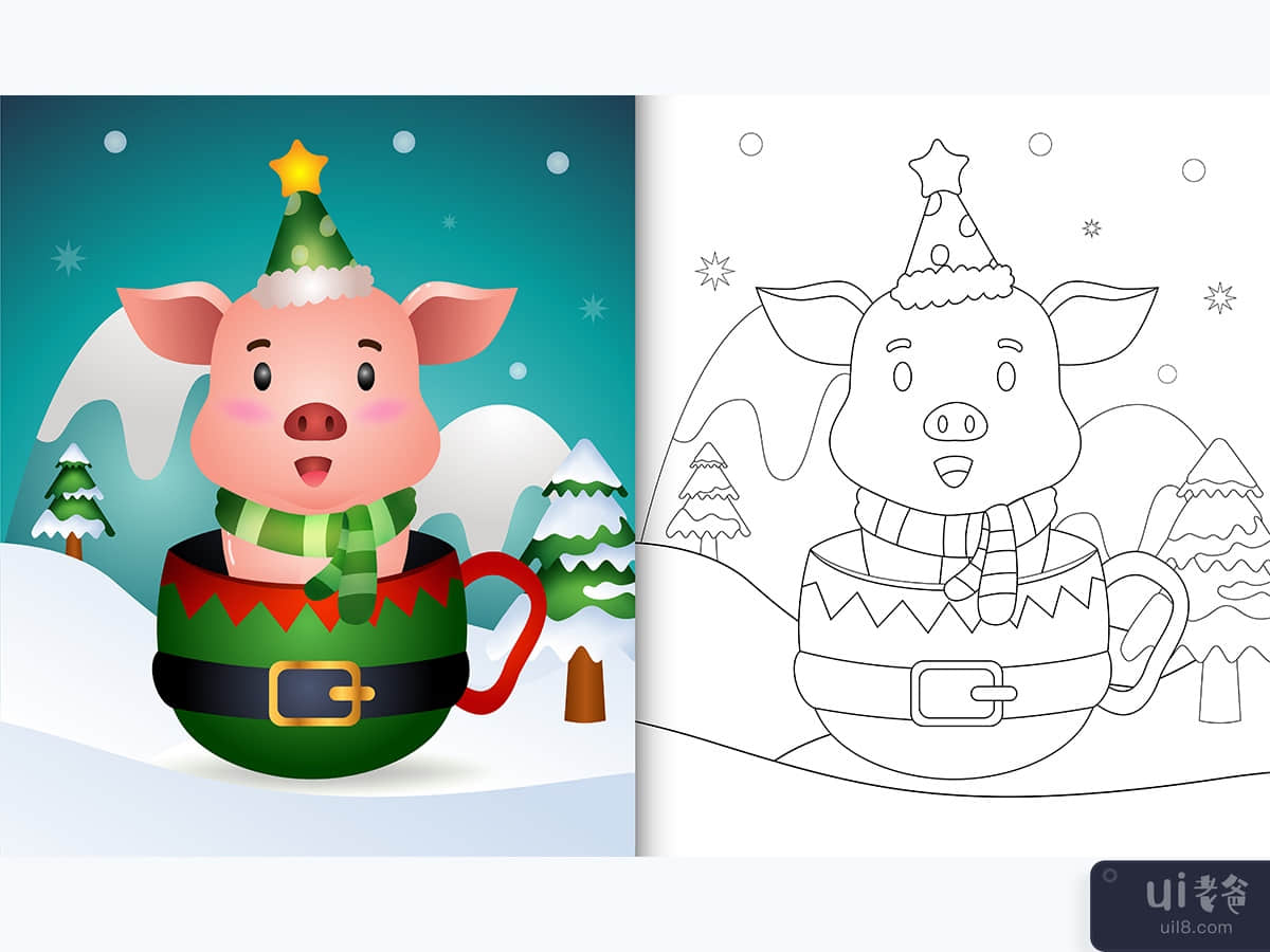 精灵杯中带有可爱猪圣诞人物的着色书(coloring book with a cute pig christmas characters in the elf cup)插图2