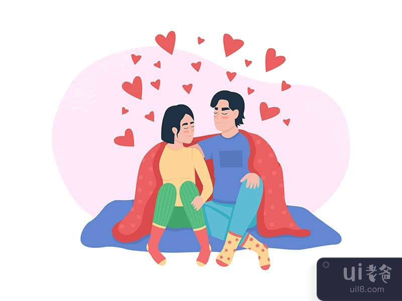 Couple cuddling 2D vector isolated illustration