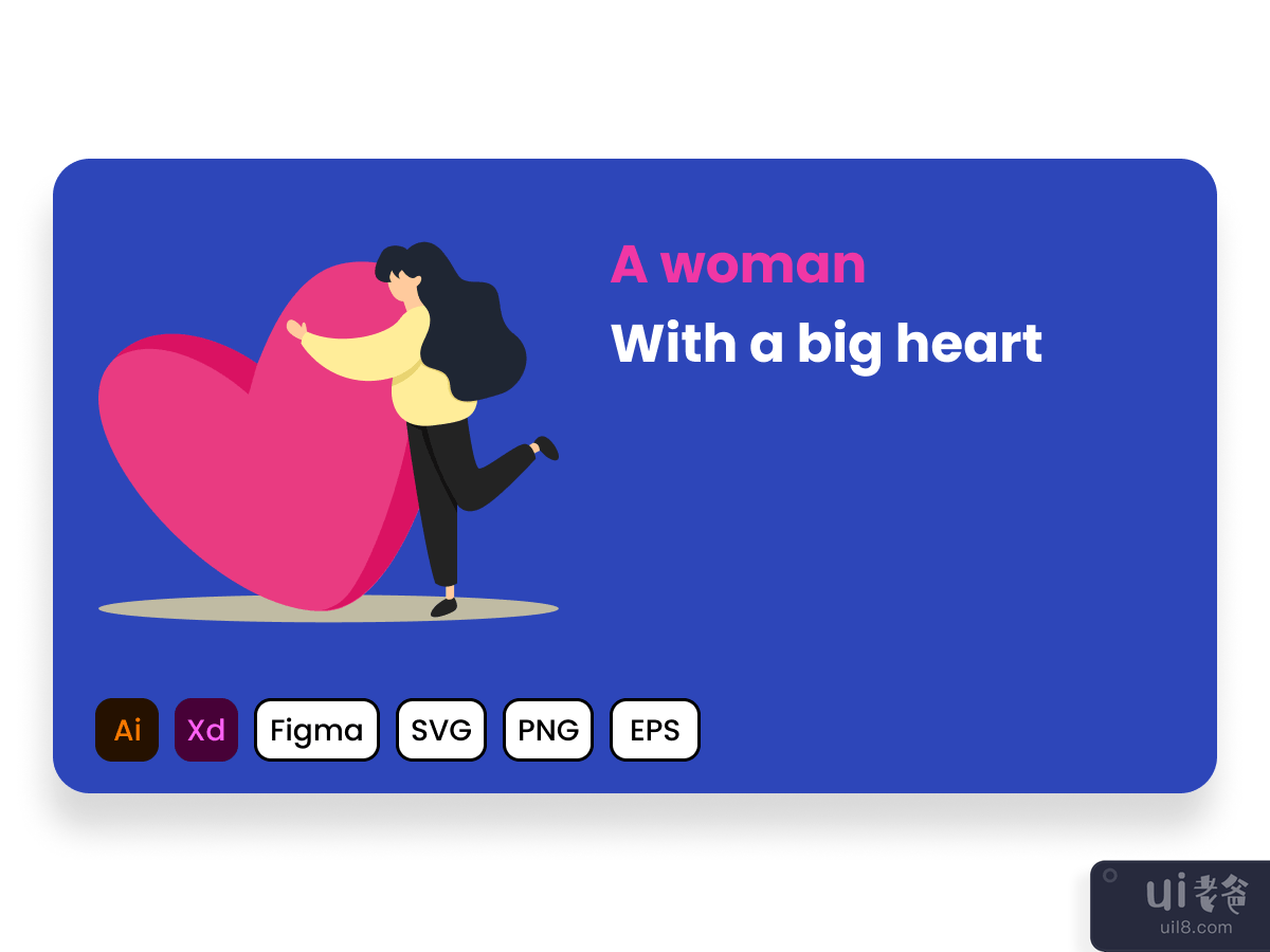 一个女人拥抱一颗大心脏。平面设计理念。(A woman hugs a big heart. Flat design concept.)插图2