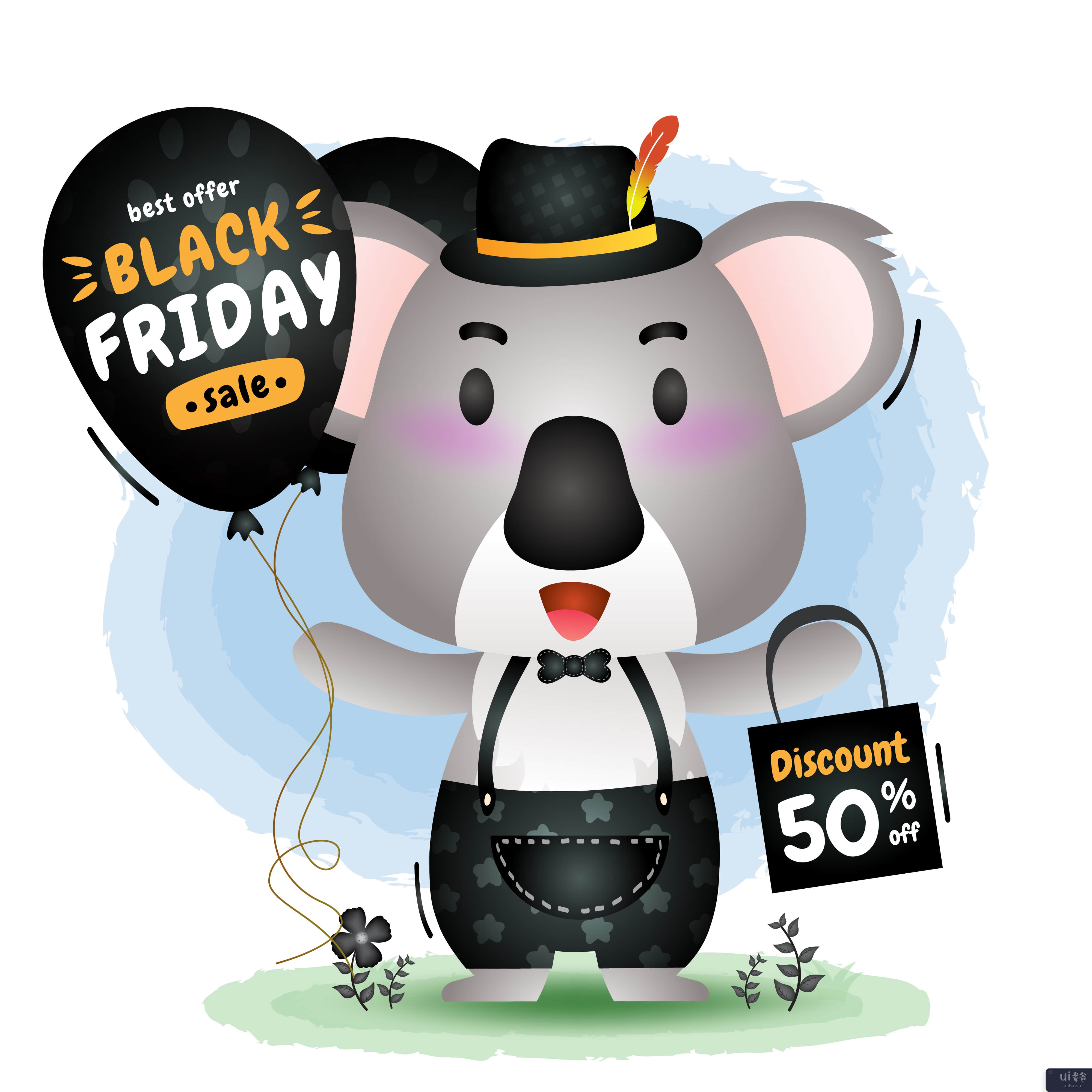 黑色星期五促销活动，可爱的考拉举行气球促销(Black friday sale with a cute koala hold balloon promotion)插图2