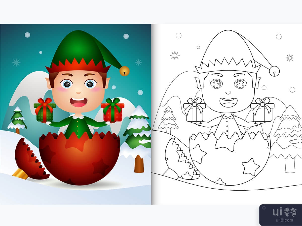 coloring for kids with a cute elf boy in christmas ball