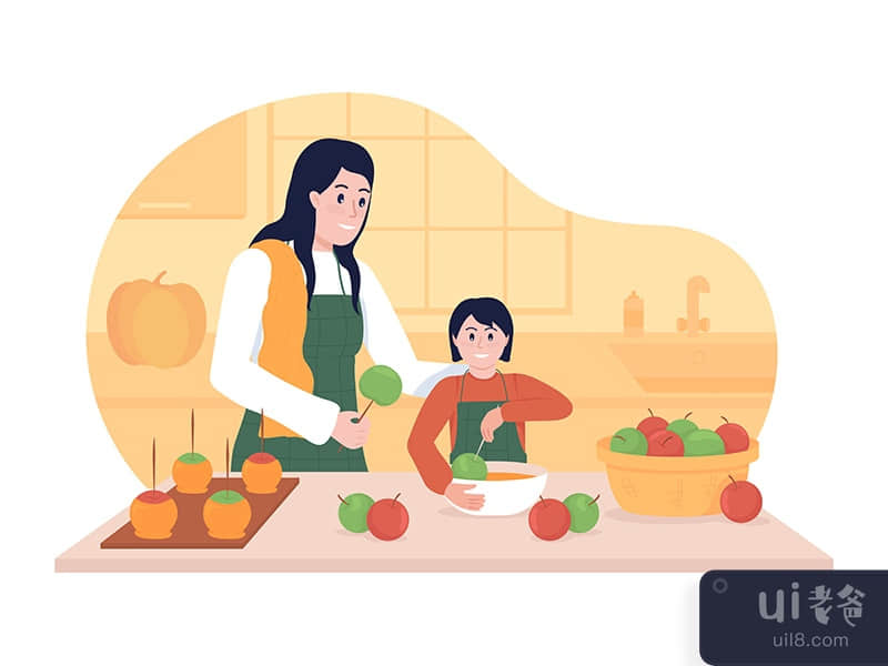 Cooking with child in fall 2D vector isolated illustration