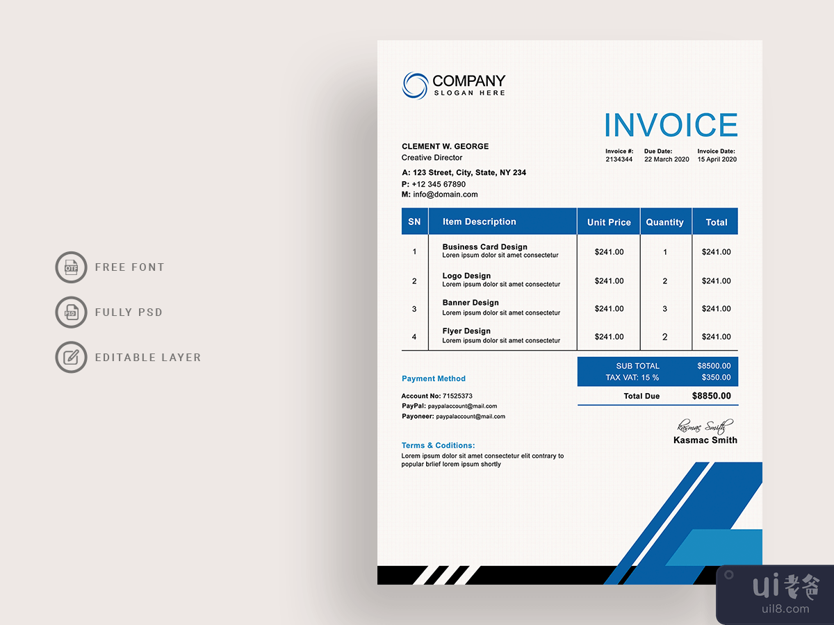 Corporate invoice template with blue