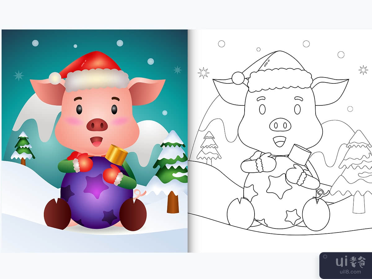 coloring book with a cute pig hug christmas ball