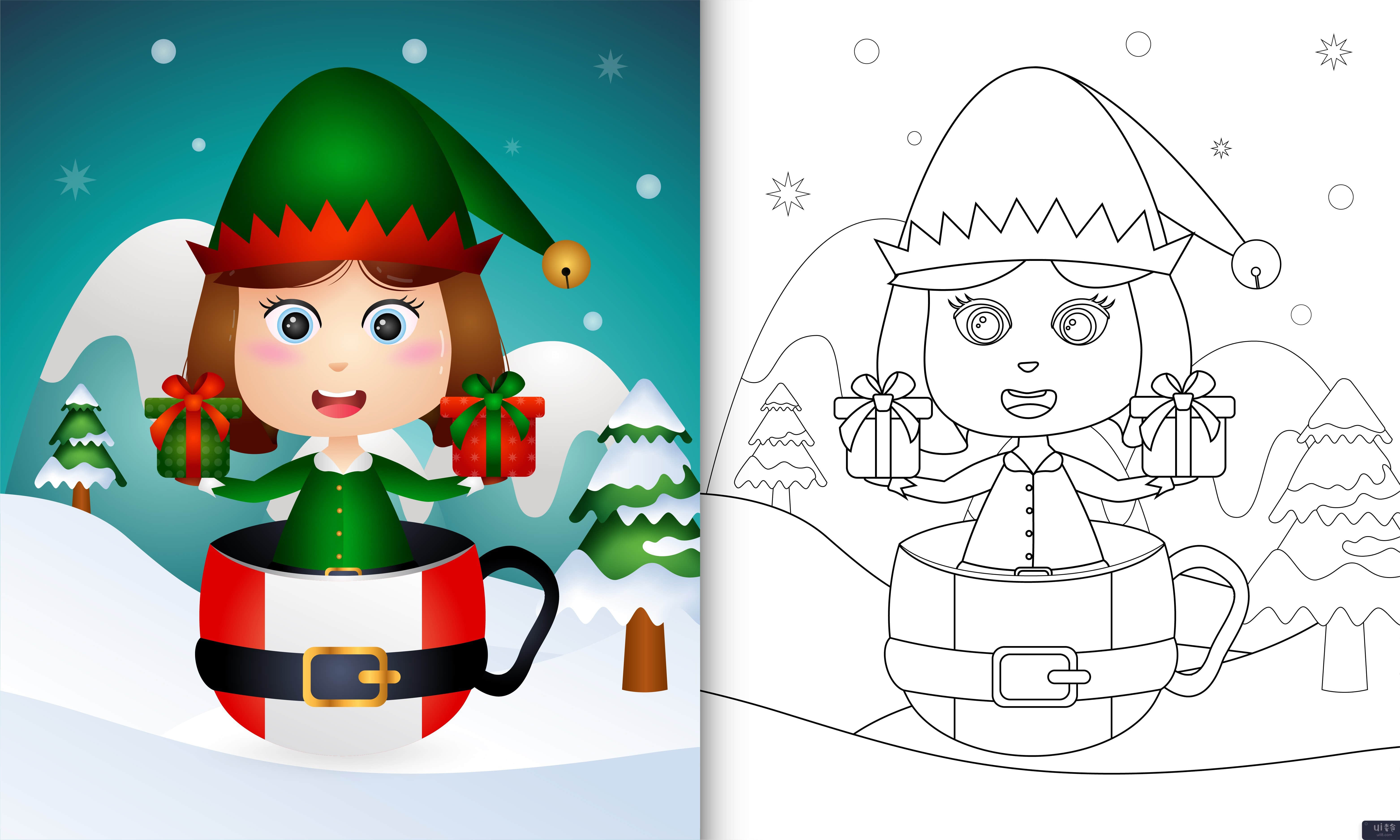 着色书与可爱的女孩精灵圣诞人物在杯子圣诞老人(coloring book with a cute girl elf christmas characters in the cup santa)插图2