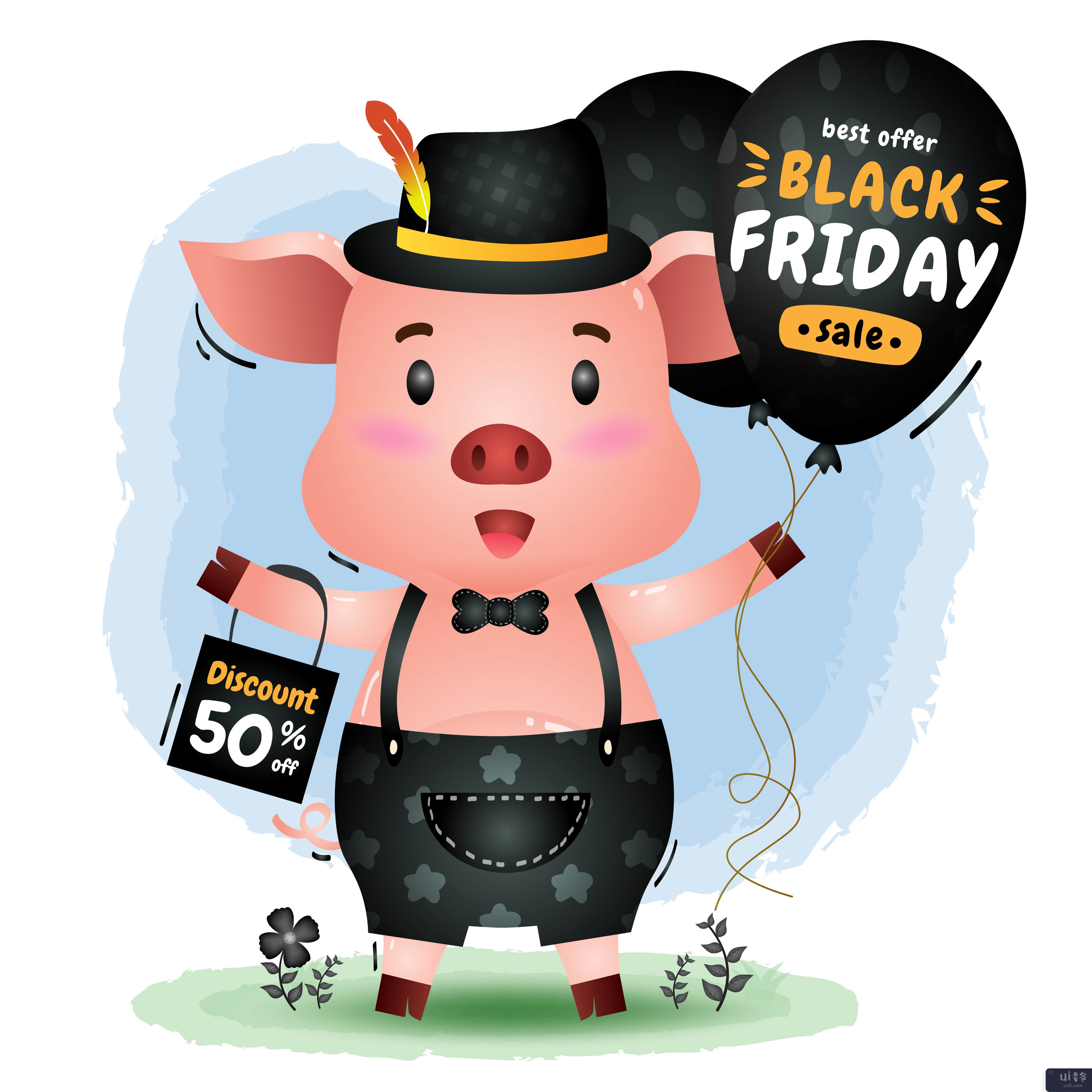 黑色星期五销售与可爱的猪举行气球促销(Black friday sale with a cute pig hold balloon promotion)插图2