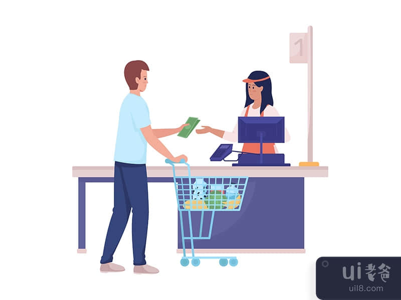 Customer pay to cashier semi flat color vector characters