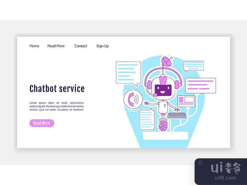 Chatbot service landing page flat silhouette vector template