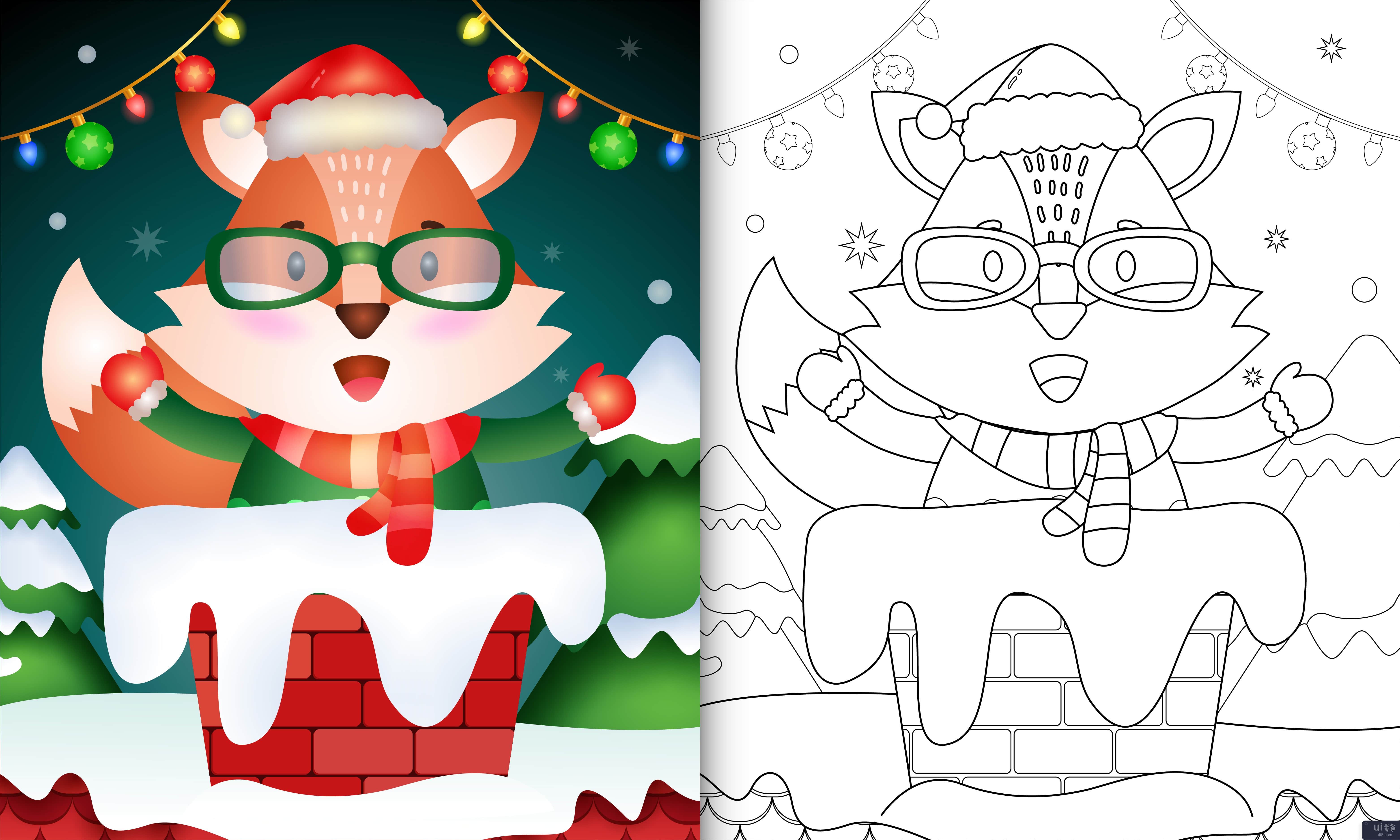 用圣诞帽和围巾在烟囱里为可爱的狐狸着色(coloring for kids with a cute fox using santa hat and scarf in chimney)插图2