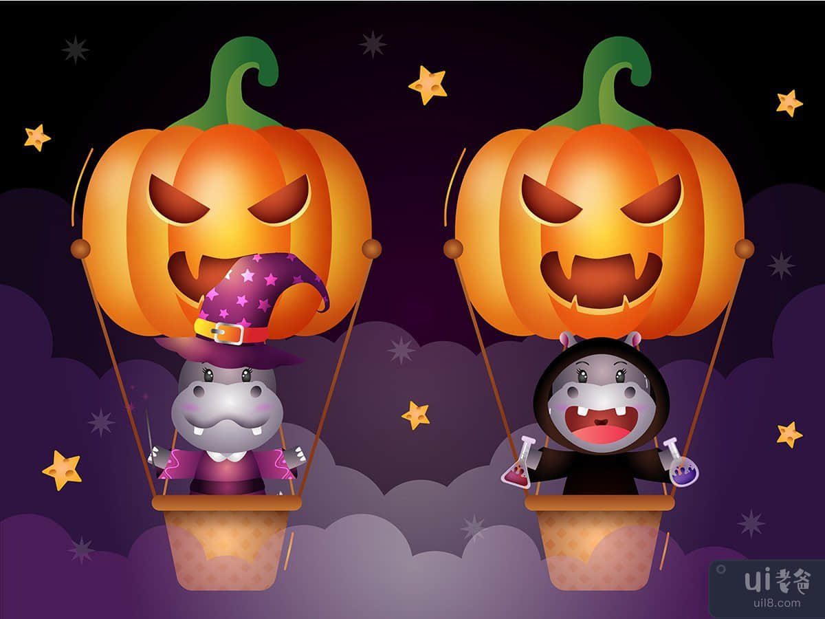 一对带着气球的河马万圣节版(a couple hippo with air balloon hallowen edition)插图2