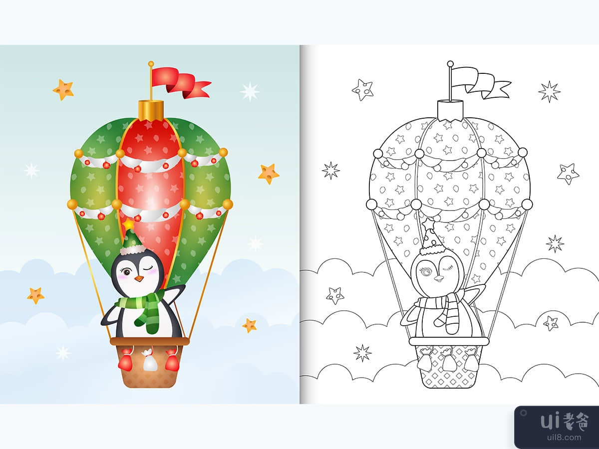 coloring book with a cute penguin christmas characters on hot air balloon 