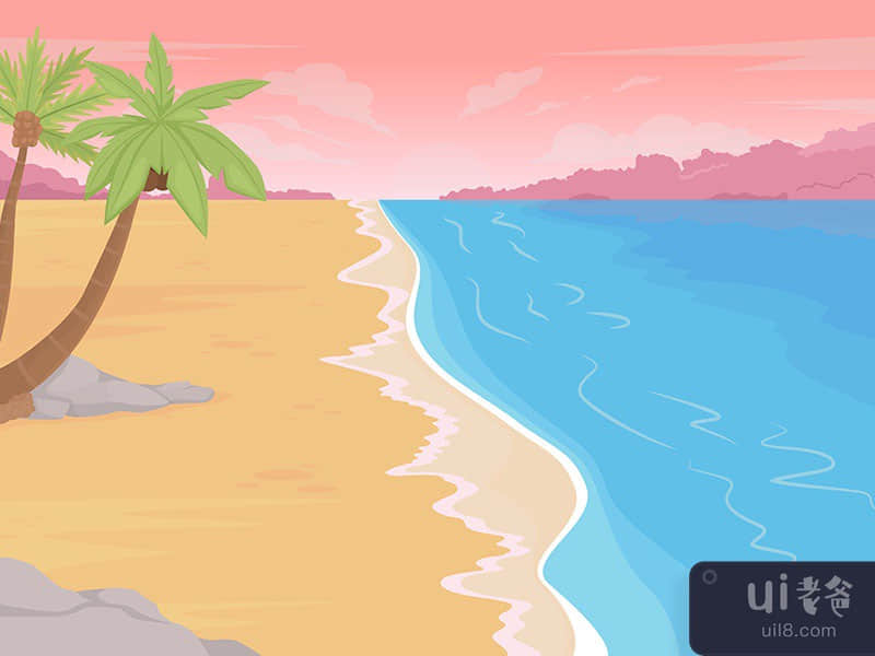Beach sunset flat color vector illustration