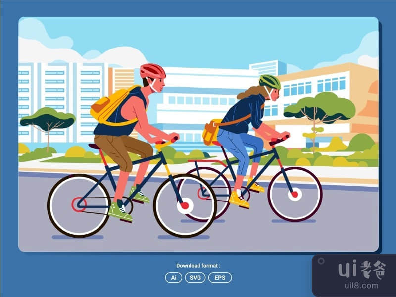 Couple riding bicycle city background