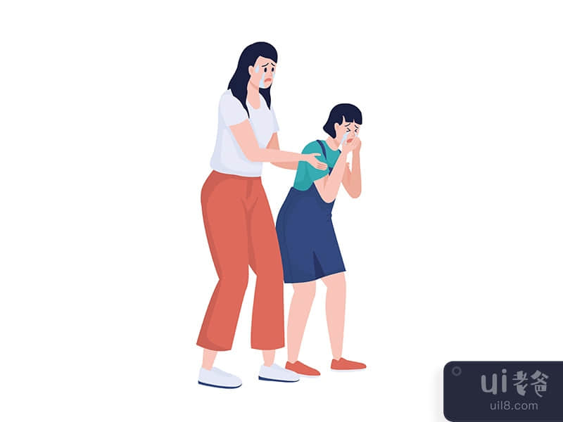 Crying woman embracing girl shoulders semi flat color vector characters