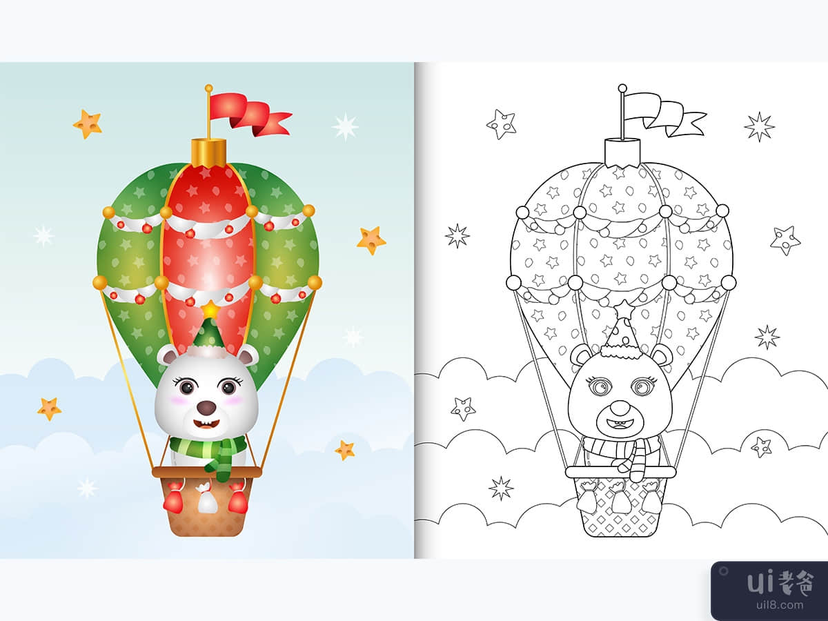 coloring book with a cute polar bear christmas characters on hot air balloon 