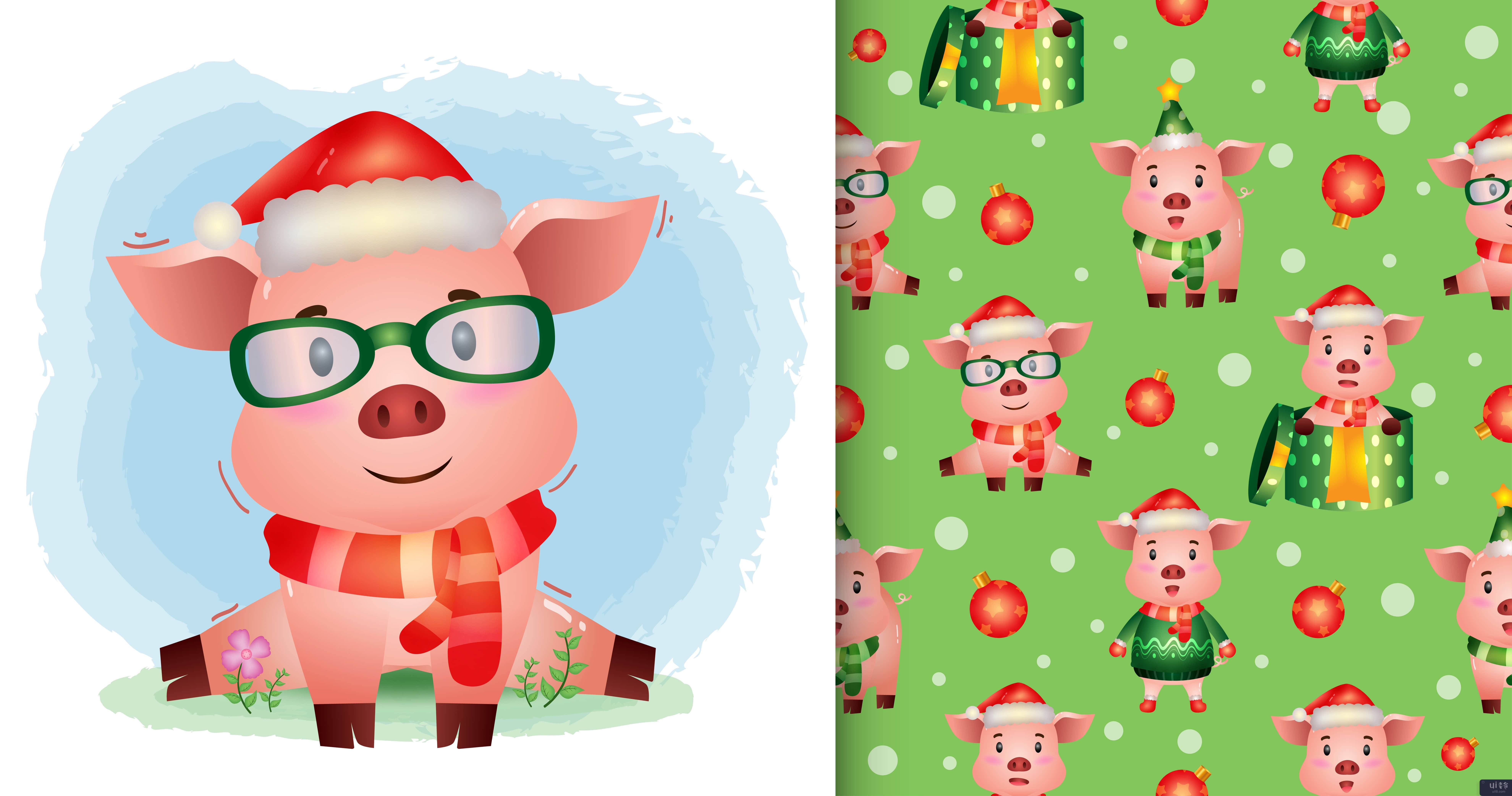 一个可爱的猪圣诞人物。无缝图案和插图设计(a cute pig christmas characters. seamless pattern and illustration designs)插图2