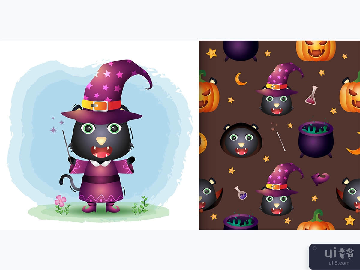 黑猫与服装万圣节人物收藏。(black cat with costume halloween character collection.)插图2