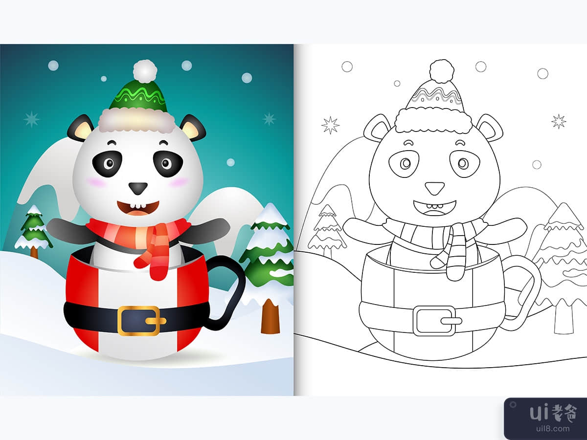 coloring book with a cute panda christmas characters in the santa cup