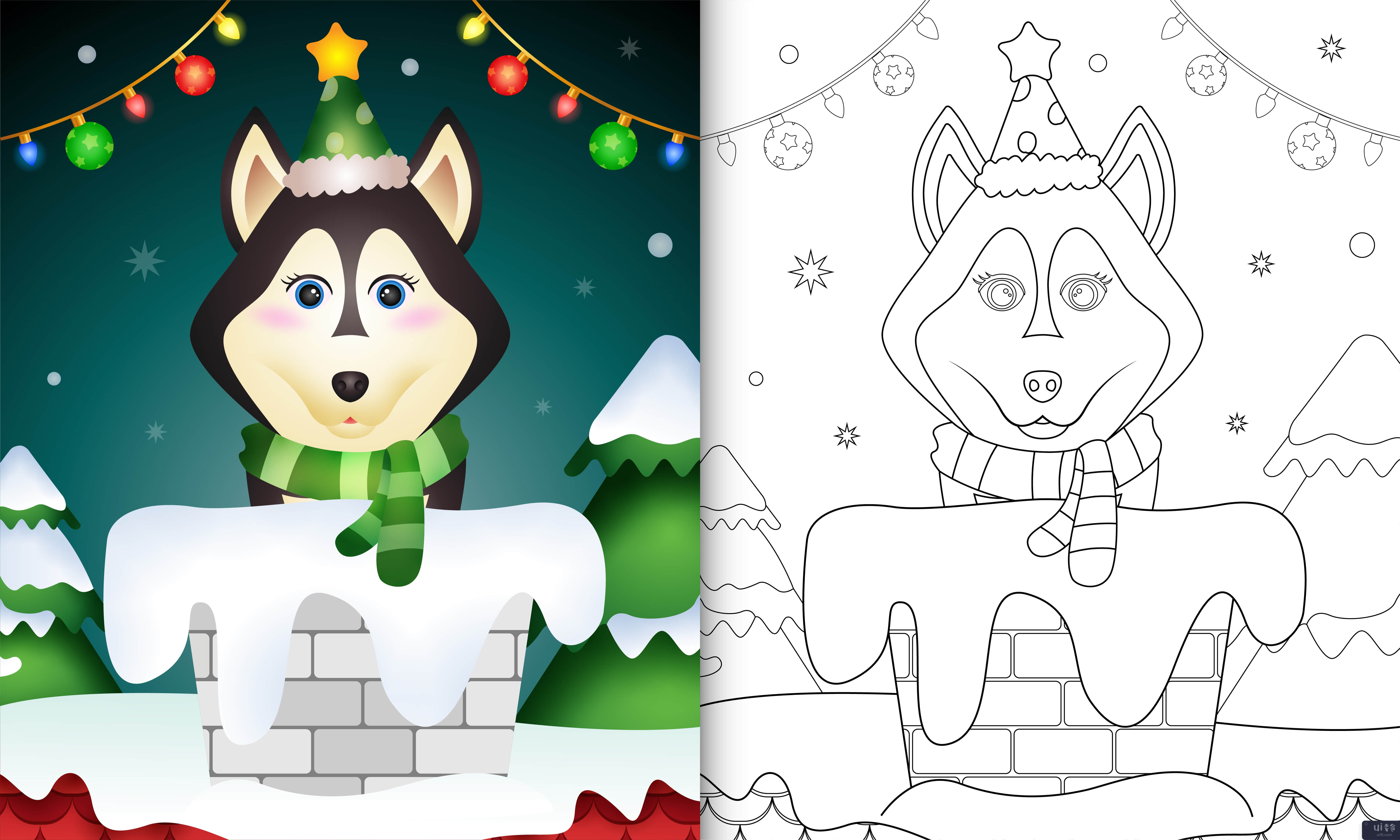 用帽子和围巾在烟囱里为可爱的哈士奇狗着色书(coloring book for kids with a cute husky dog using hat and scarf in chimney)插图2