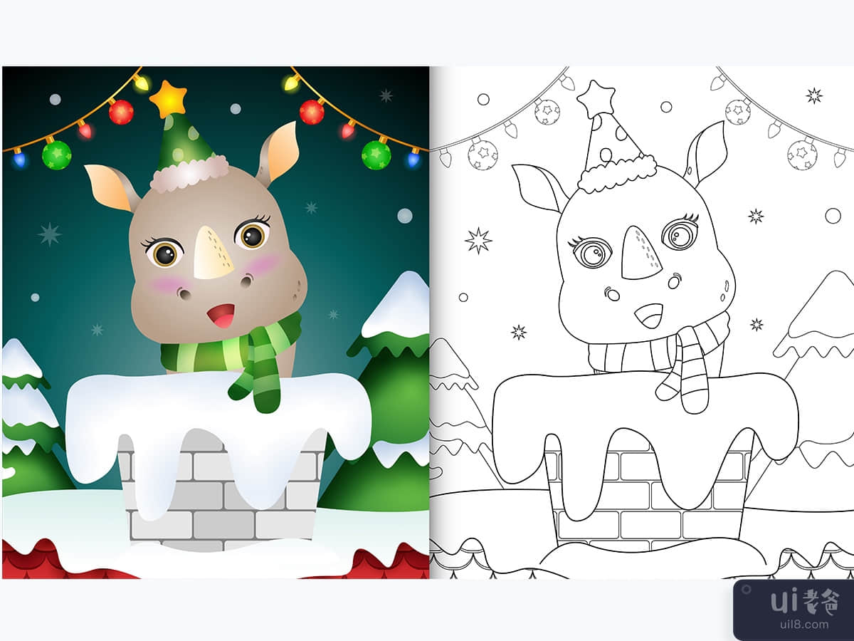 coloring book for kids with a cute rhino using hat and scarf in chimney