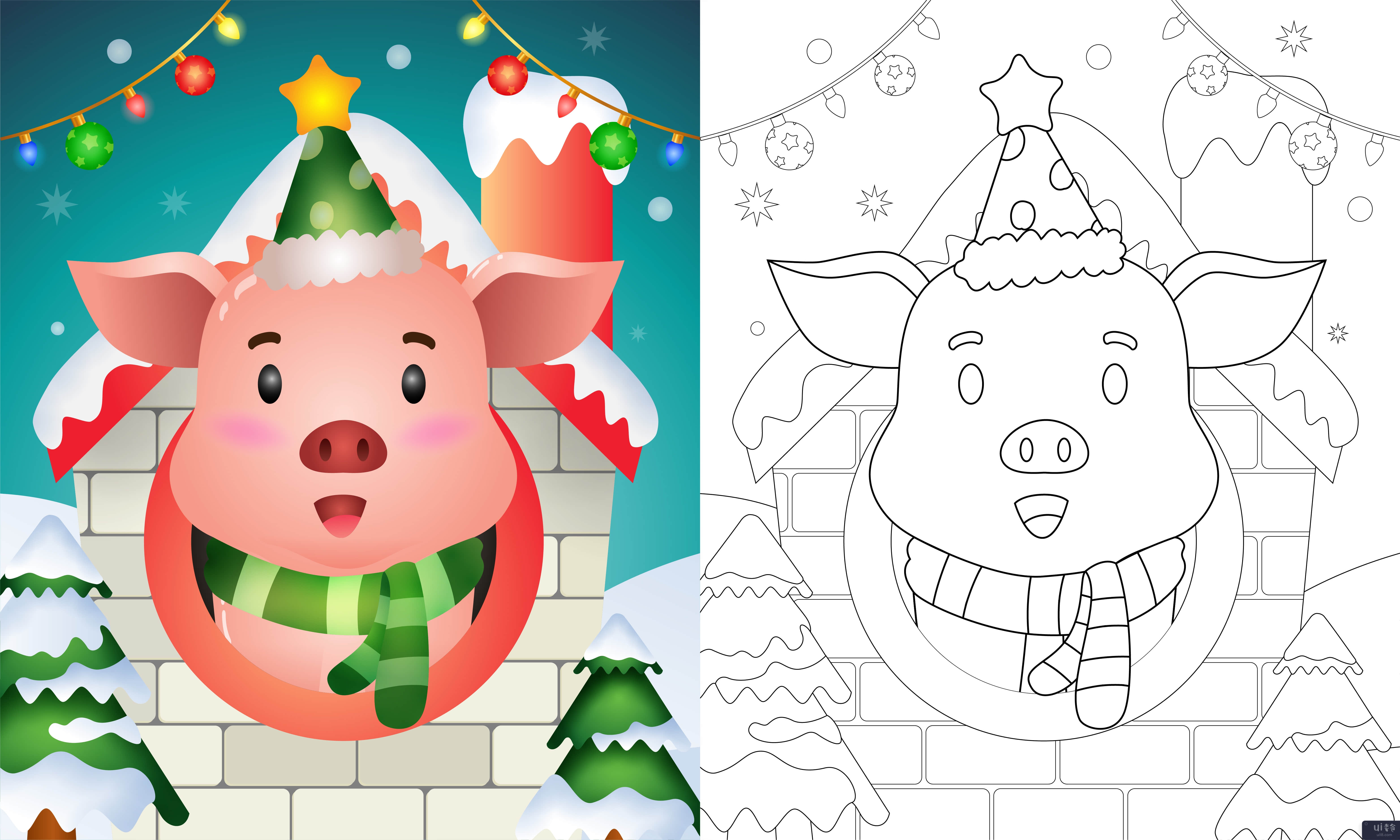 用帽子和围巾为可爱的猪圣诞人物着色书(coloring book with a cute pig christmas characters using hat and scarf)插图2