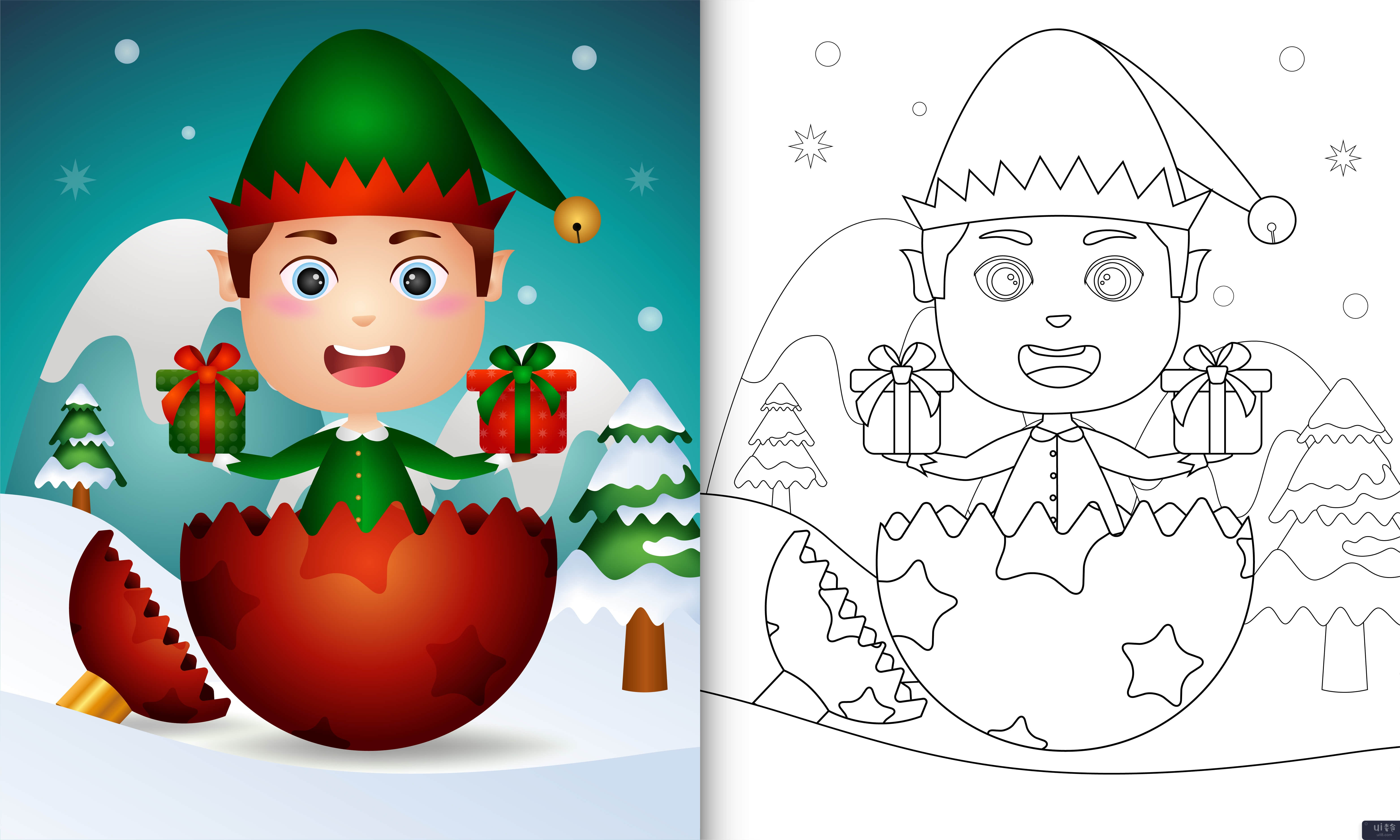 为圣诞舞会上可爱精灵男孩的孩子们涂色(coloring for kids with a cute elf boy in christmas ball)插图2