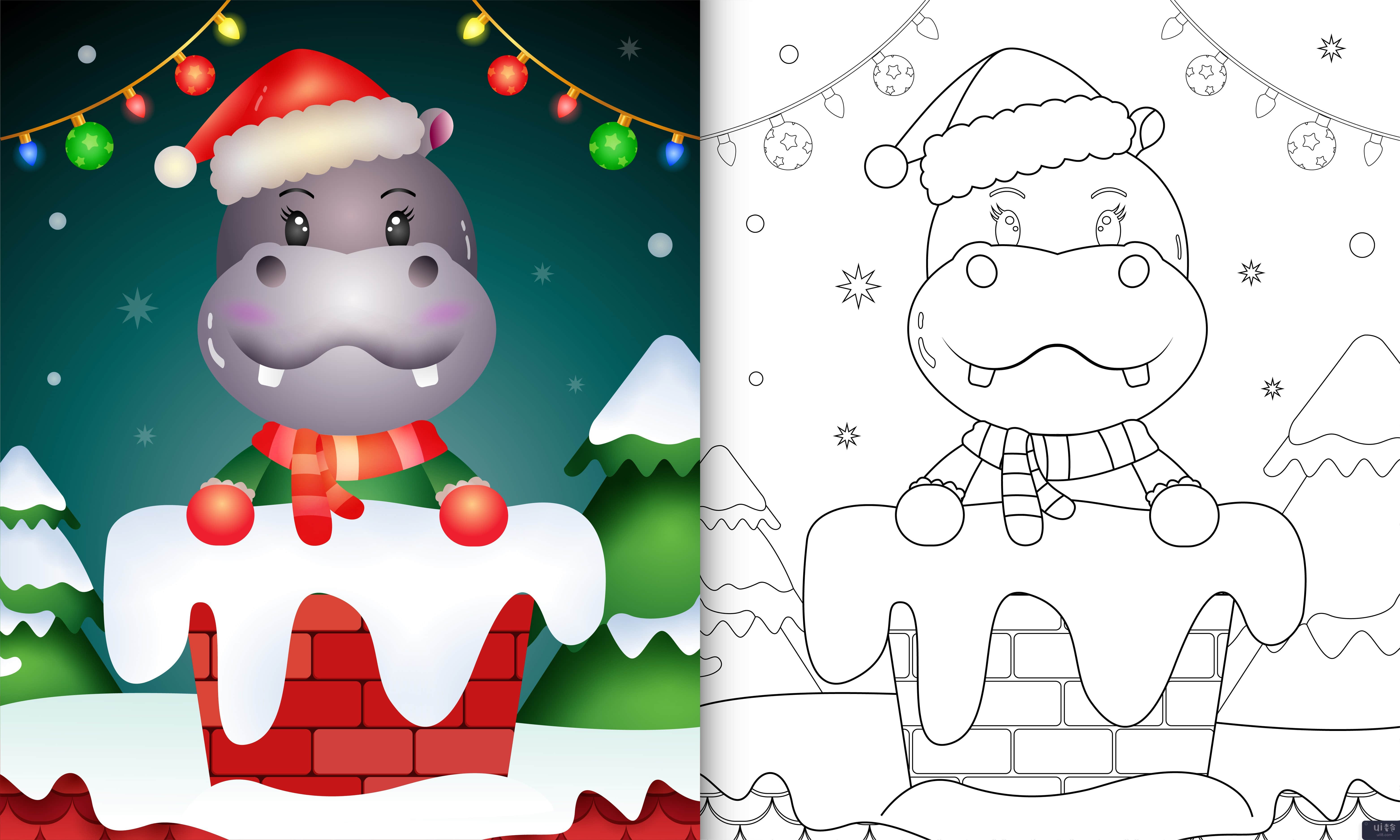 用圣诞帽和围巾在烟囱里为可爱河马的孩子着色(coloring for kids with a cute hippo using santa hat and scarf in chimney)插图2