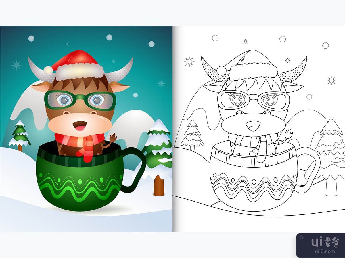 着色书，杯子里有可爱的水牛圣诞人物(coloring book with a cute buffalo christmas characters  in the cup)插图2