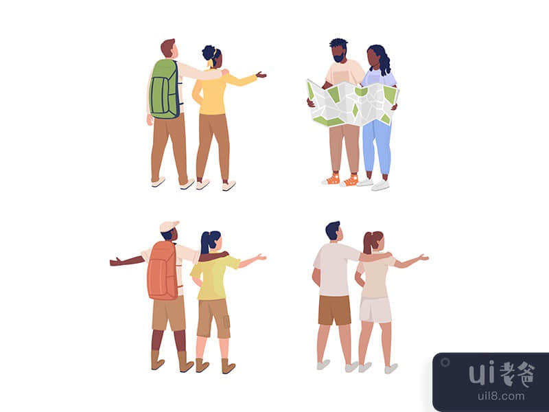 Couples traveling together semi flat color vector characters set