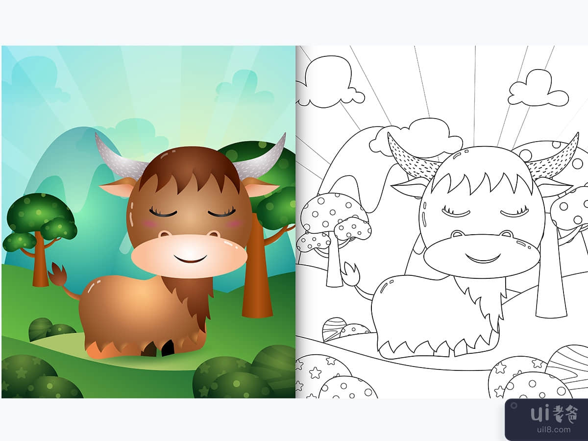 coloring book for kids with a cute buffalo character illustration