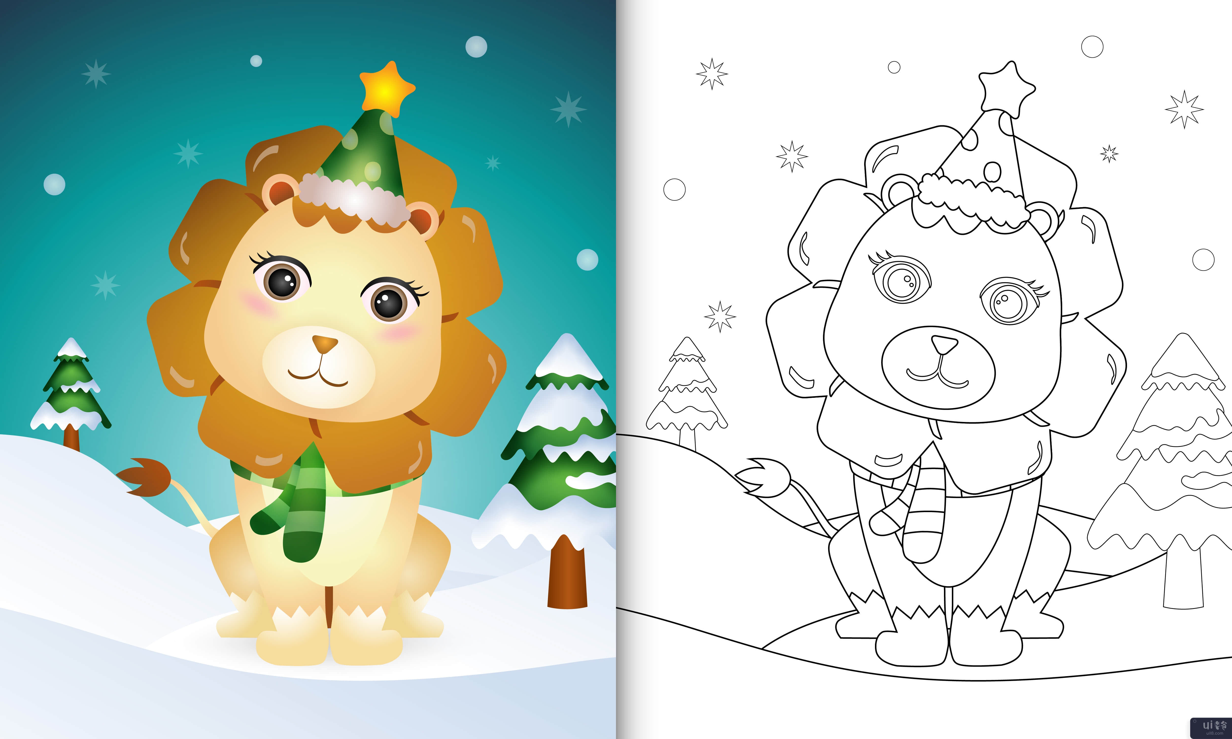 带有可爱的狮子圣诞人物系列的着色书(coloring book with a cute lion christmas characters collection)插图2