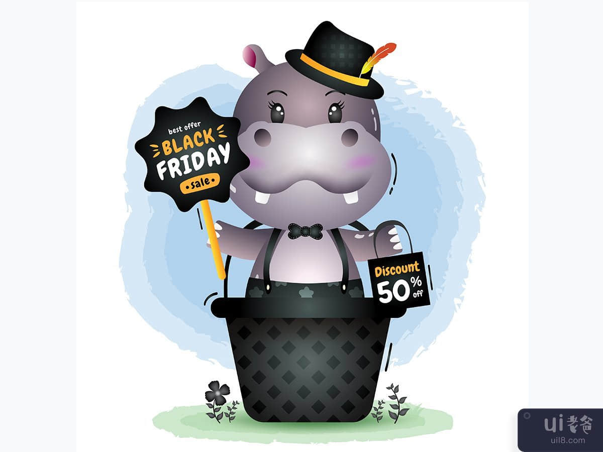 黑色星期五促销，篮子里有一只可爱的河马(Black friday sale with a cute hippo in the basket)插图2
