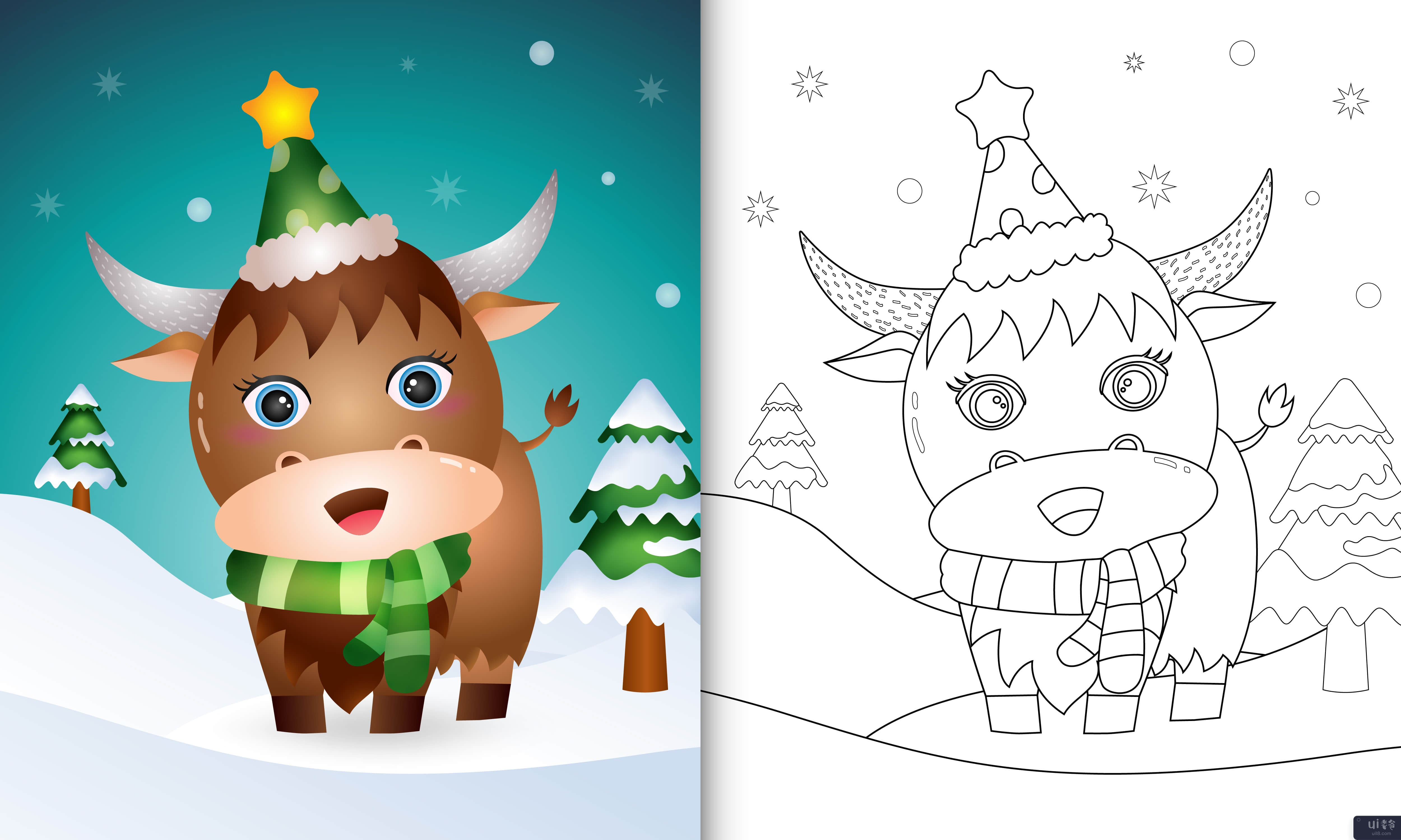 带有可爱水牛圣诞人物的图画书(coloring book with a cute buffalo christmas characters)插图2