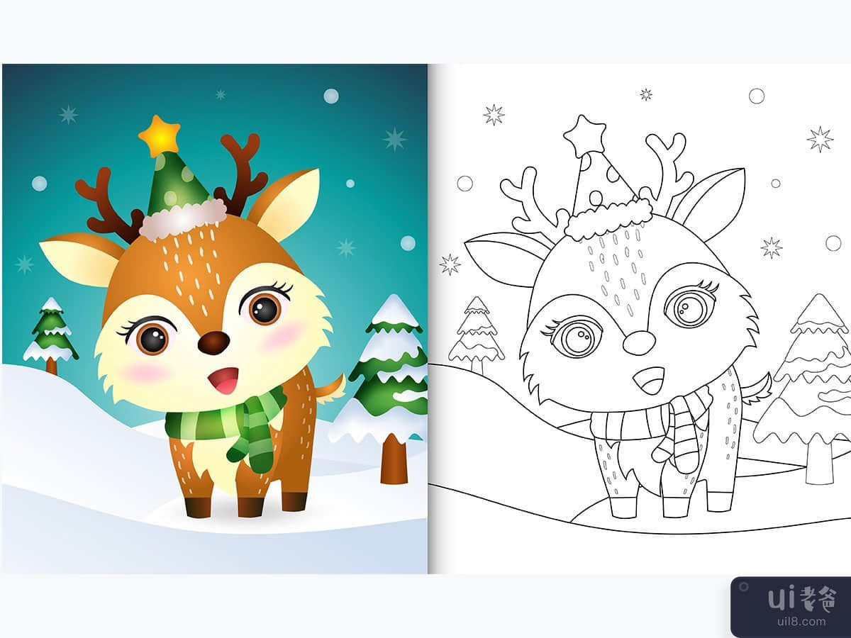 带帽子和围巾的鹿圣诞人物系列着色书(coloring book with a deer christmas characters collection with a hat and scarf)插图2