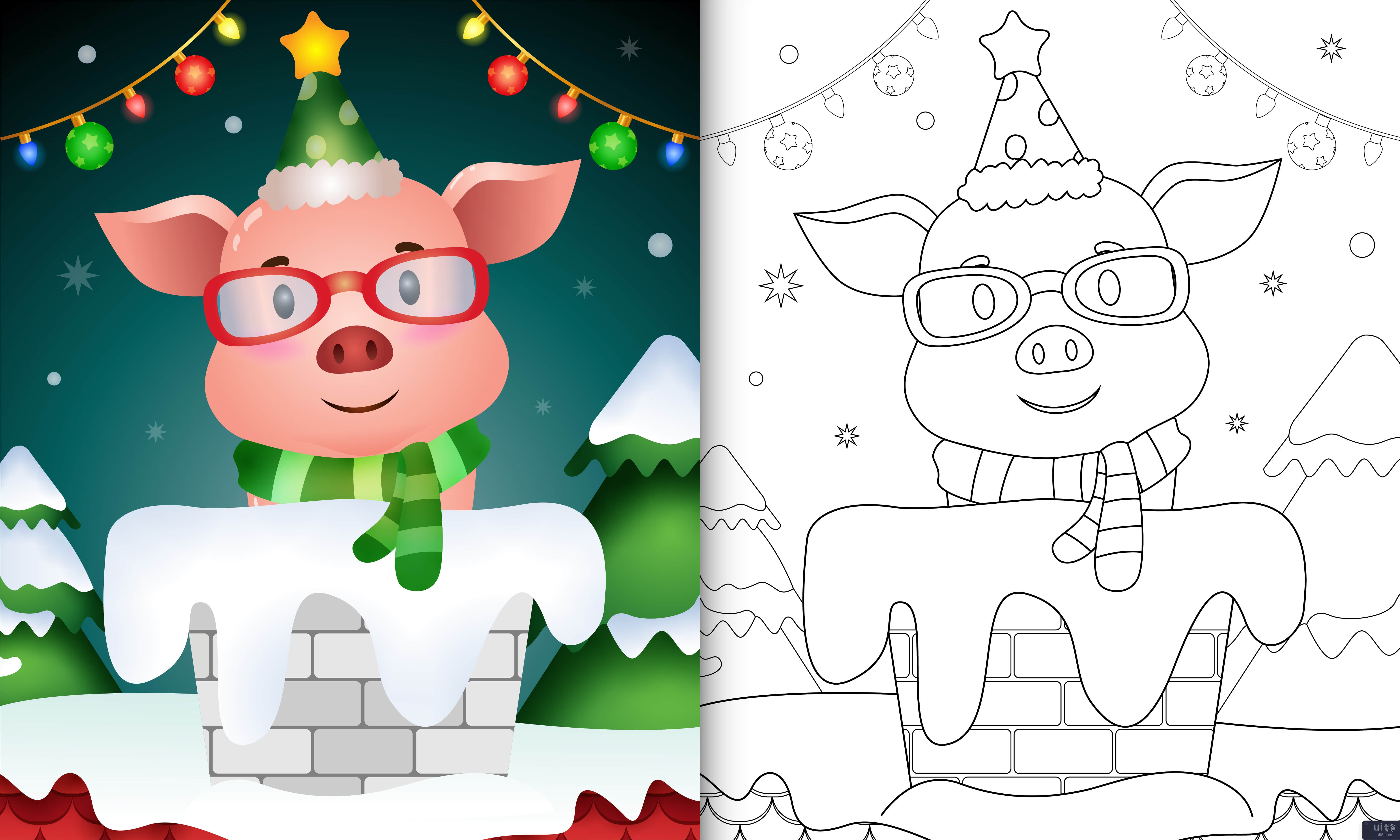 用圣诞帽和围巾在烟囱里为可爱猪的孩子着色书(coloring book for kids with a cute pig using santa hat and scarf in chimney)插图2