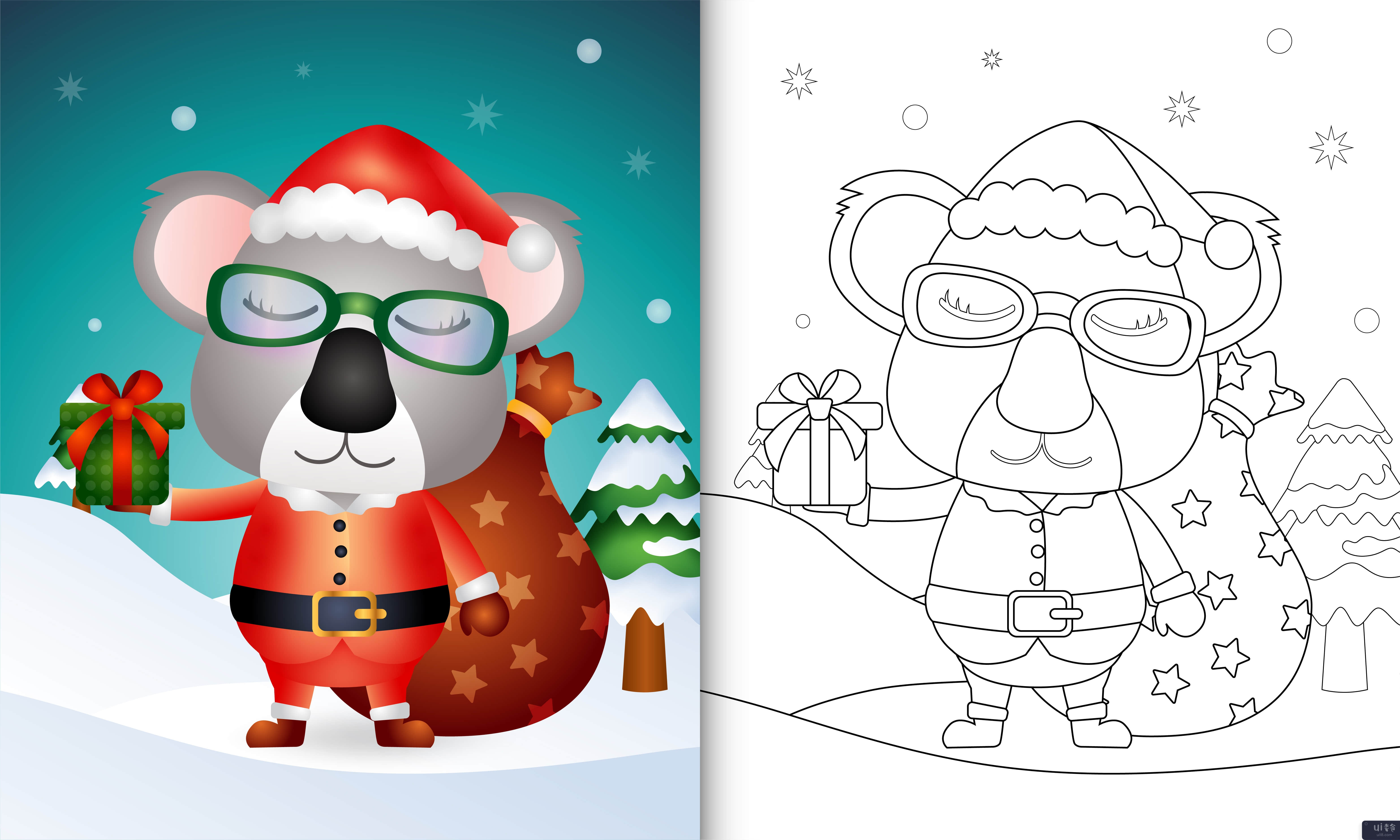 着色书与可爱的考拉穿着圣诞老人服装(coloring book with a cute koala using santa clause costume)插图2